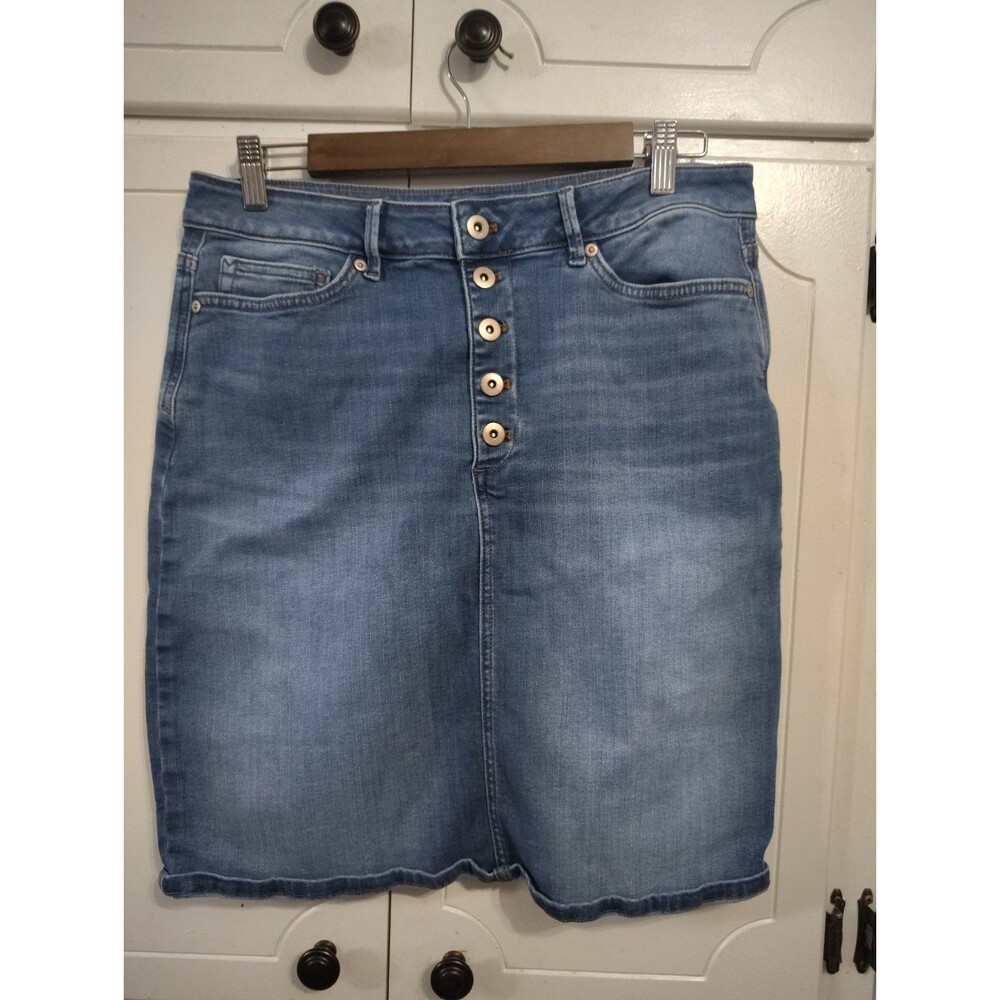 J Jill Skirt 10 Blue Denim Jean Classic Casual Button Front